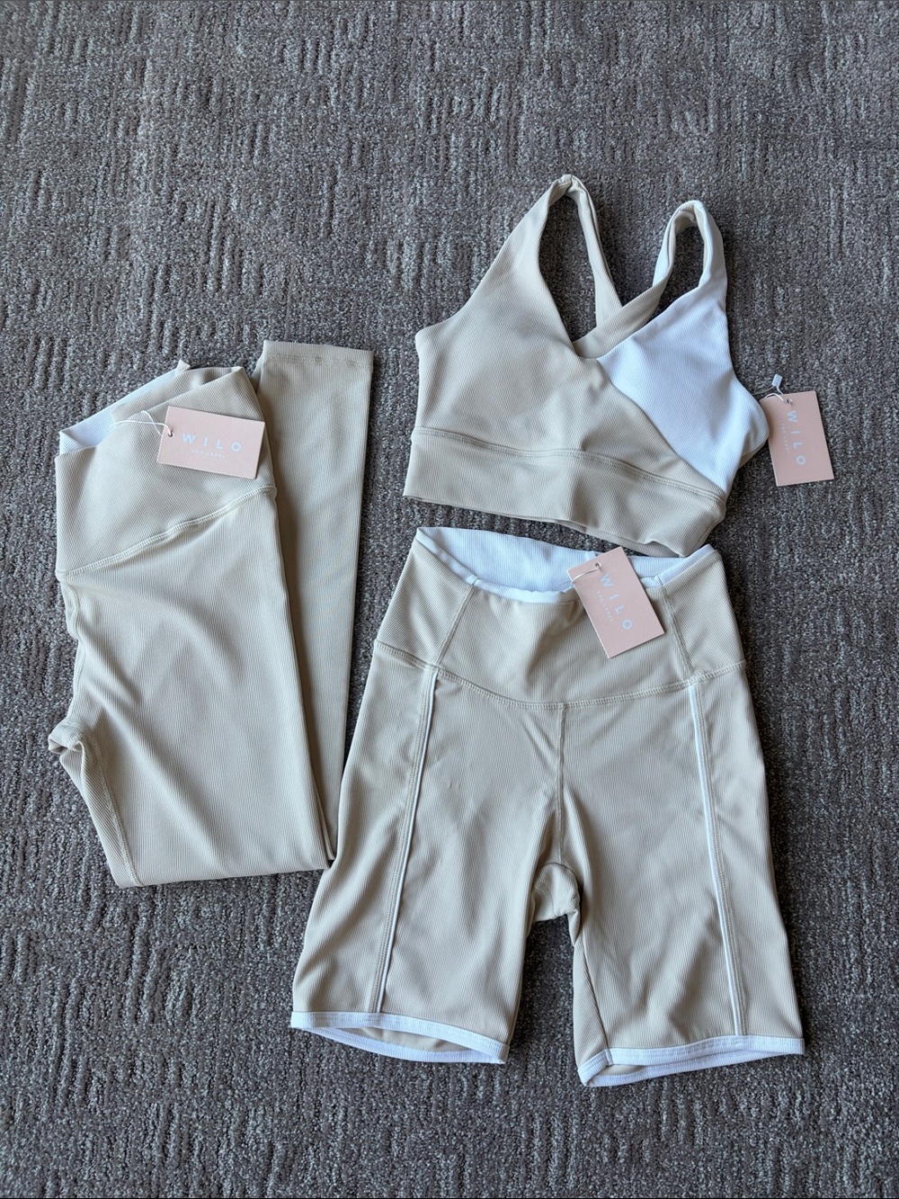 Wilo clay & white Leggings, Bike Shorts & Sports Bra Set-Ribbed - Picture 1 of 11